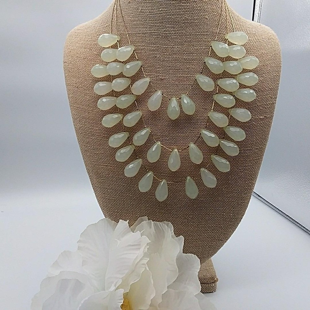 Long Chunky‎ Tear Drop Necklace 3 Strand Light Milky Green Plastic Statement